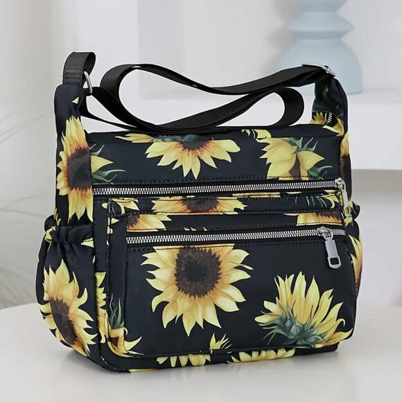 Sunflower Crossbody Bag Black Floral Purse, Multi Pockets, Adjustable Strap, NWT - Picture 8 of 8